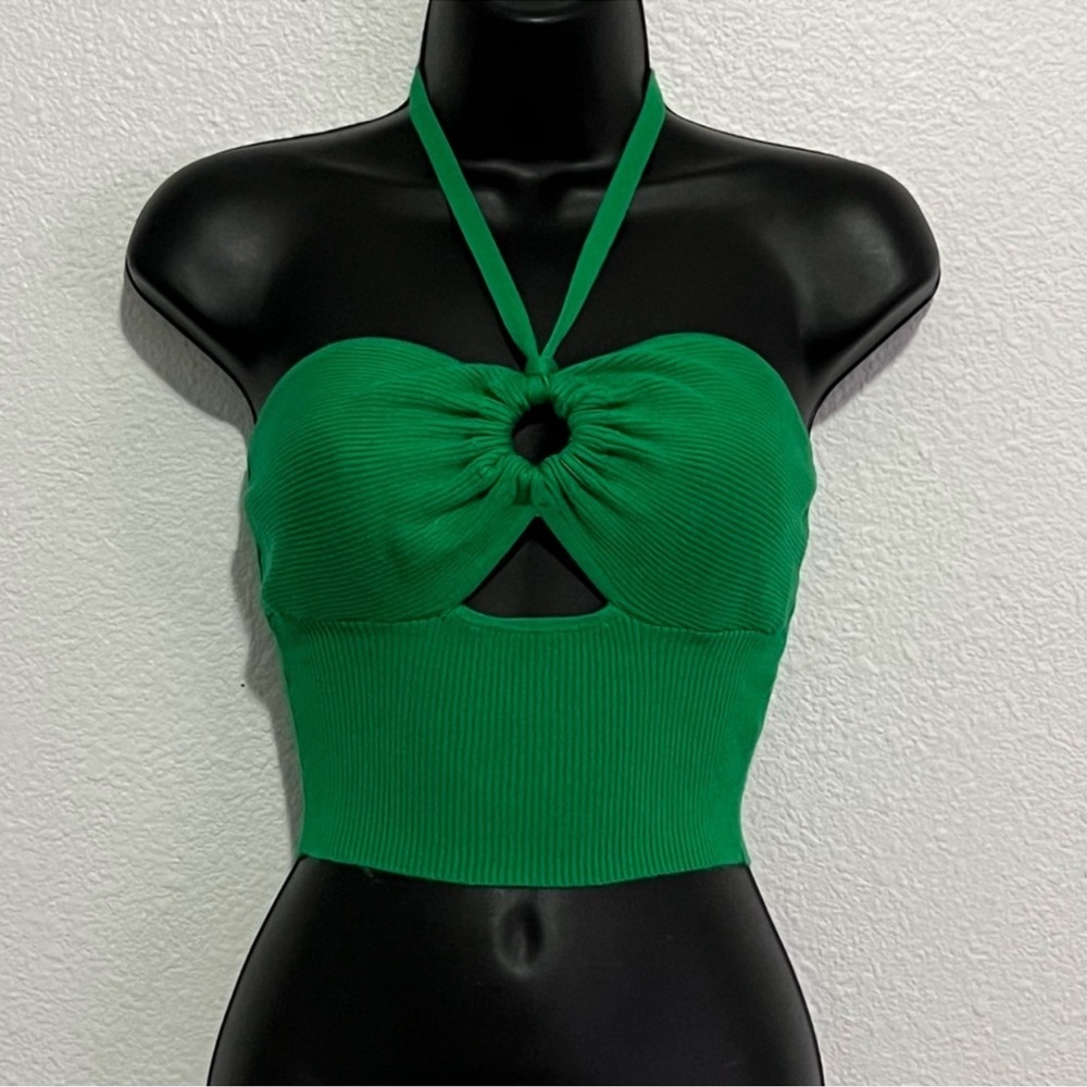 NEW Almost Famous Kelly Green Knit Sweater Cut Out Halter Crop Top S